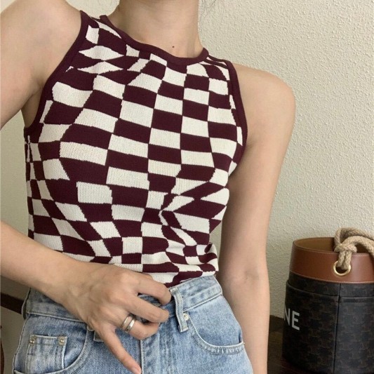 针织无袖修身格子背心